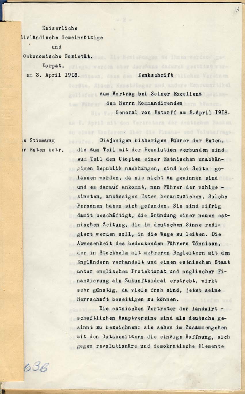 Väljavõte Balti maavolikogu (Landesrat) resolutsiooni lisast 12.aprill 1918. RA, EAA.1185.1.1348 