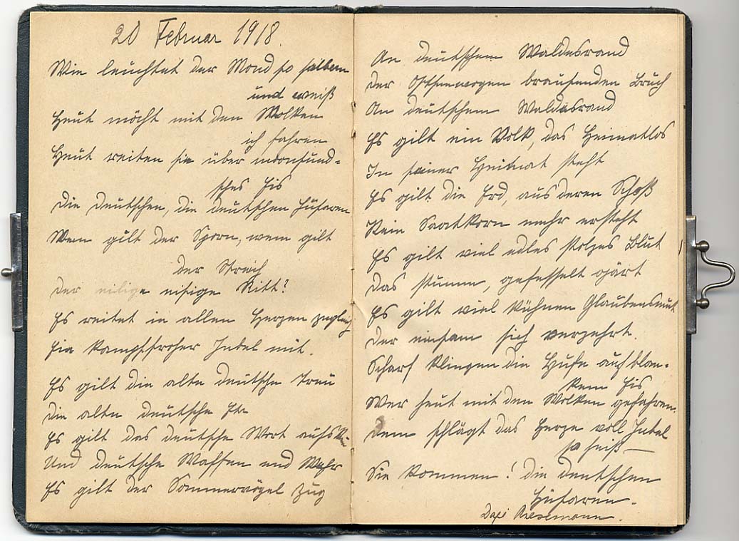 Luuletus, mille Julie Therese von Ungern-Sternberg (sünd 1871, neiuna Dellingshausen) kirjutas albumisse 20. veebruaril 1918. Tema poeg Nils Nikolai von Ungern-Sternberg ühines 1918. aasta lõpul Balti rügemendiga. RA,EAA.1423.1.142