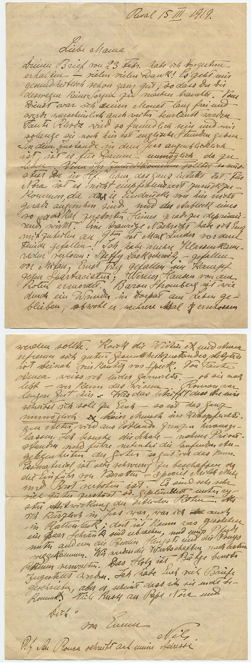 15. märtsi 1919. a. emale saadetud kirjas kirjeldas 19-aastane Tallinnas puhkusel viibiv Nils von Ungern-Sternberg tema kaaslaste ja koolikaaslaste saatust. RA, EAA.1423.1-158