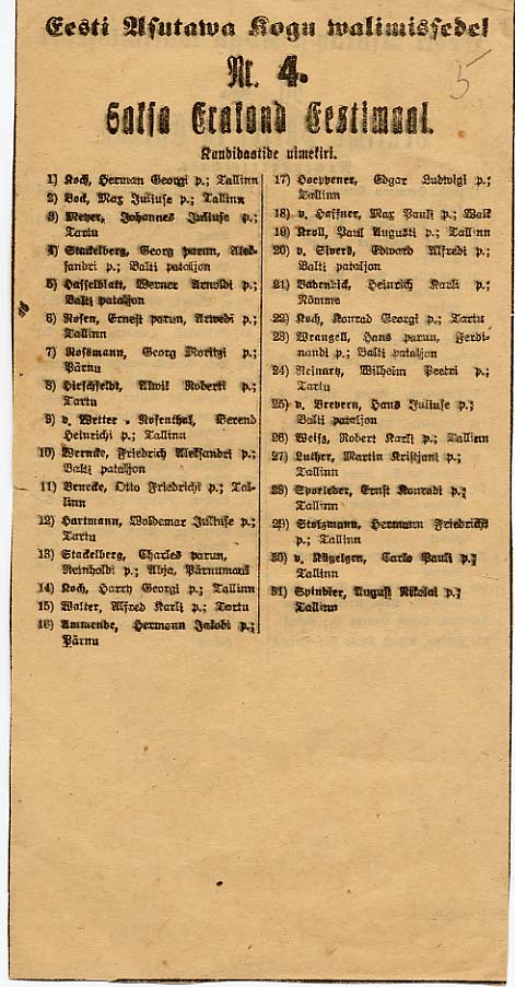 Saksa-Balti partei kandidaatide nimekiri Eesti Asutamisassamblee valimistel 1919. aasta aprillis. RA, EAA.3742.1.11, l. 5