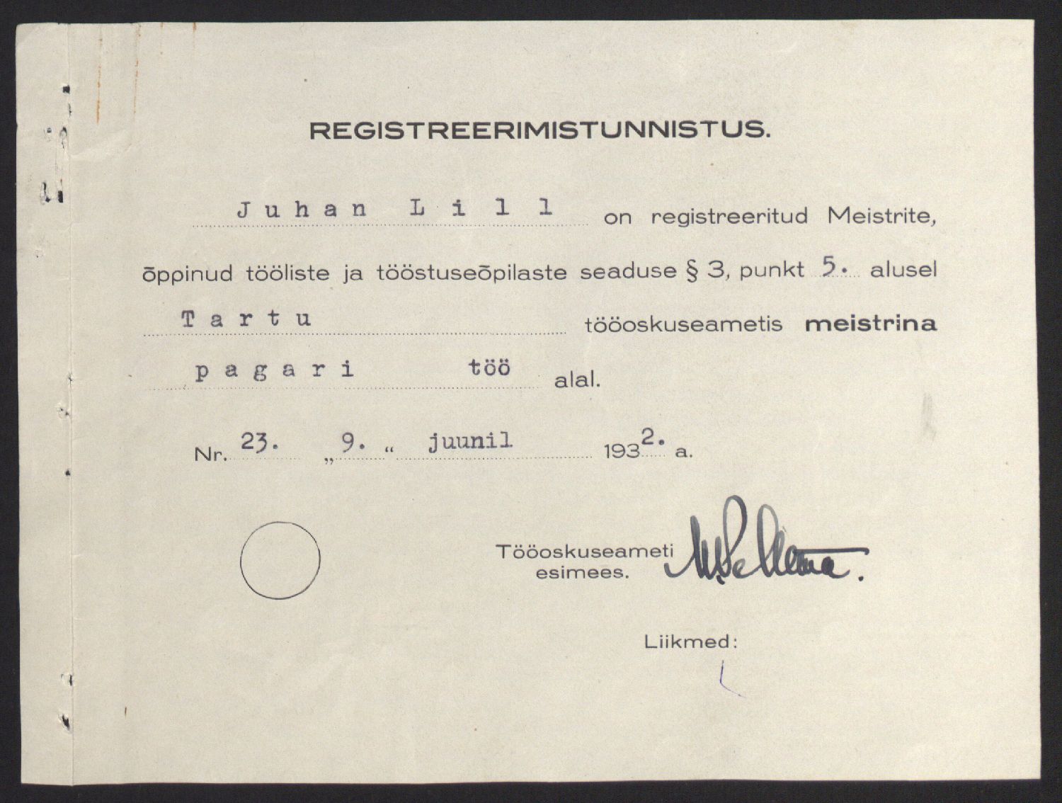 Tartu tööoskusameti pagarimeistri registreerimistunnistus Juhan Lillele, 1932. ERA.3167.1.585.