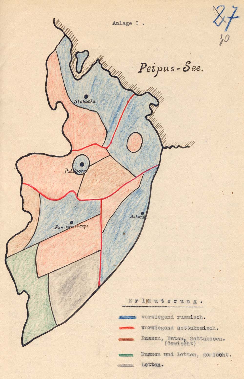 Käsikirjaline visand Petseri maakonna kohta, suvi 1918. Kaardil on näha neli valda ja rahvuslik jaotus. RA, EAA 3724-1-1292, l. 30. 3724_1_1292_30