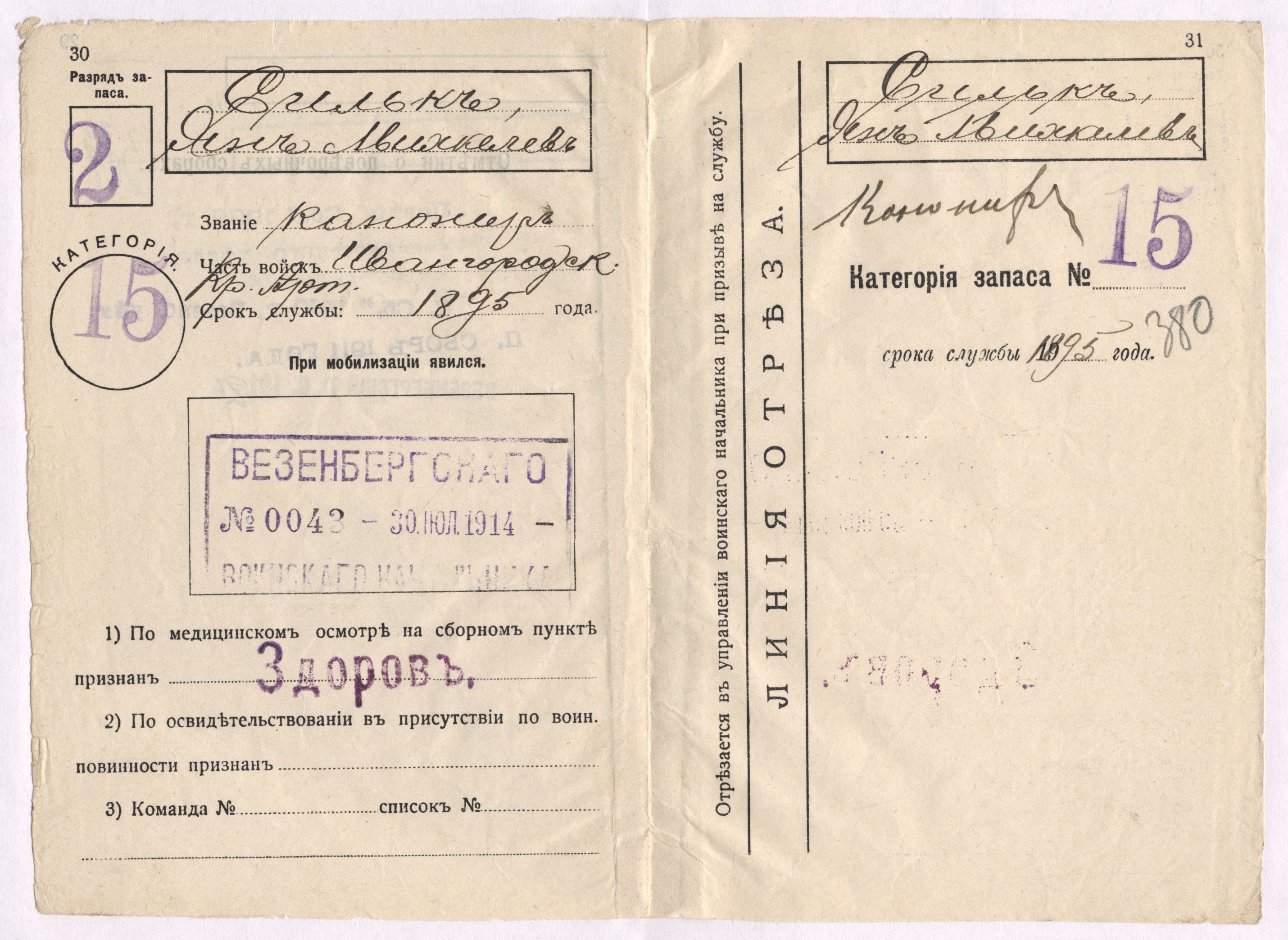 Maakaitseväelaste pilet, rahvasuus “punane pass”, mis anti sõdurile väkke võtmisel. EAA.78.1.221