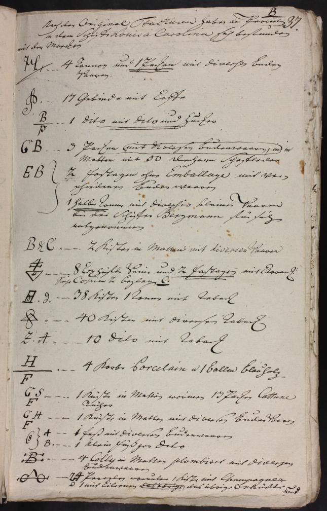 Photo of the excerpt from the list of cargo of Louisa Carolina. Väljavõte Louisa Carolina kaubalati nimekirjast. RA, EAA.858.1.6084, f. 37
