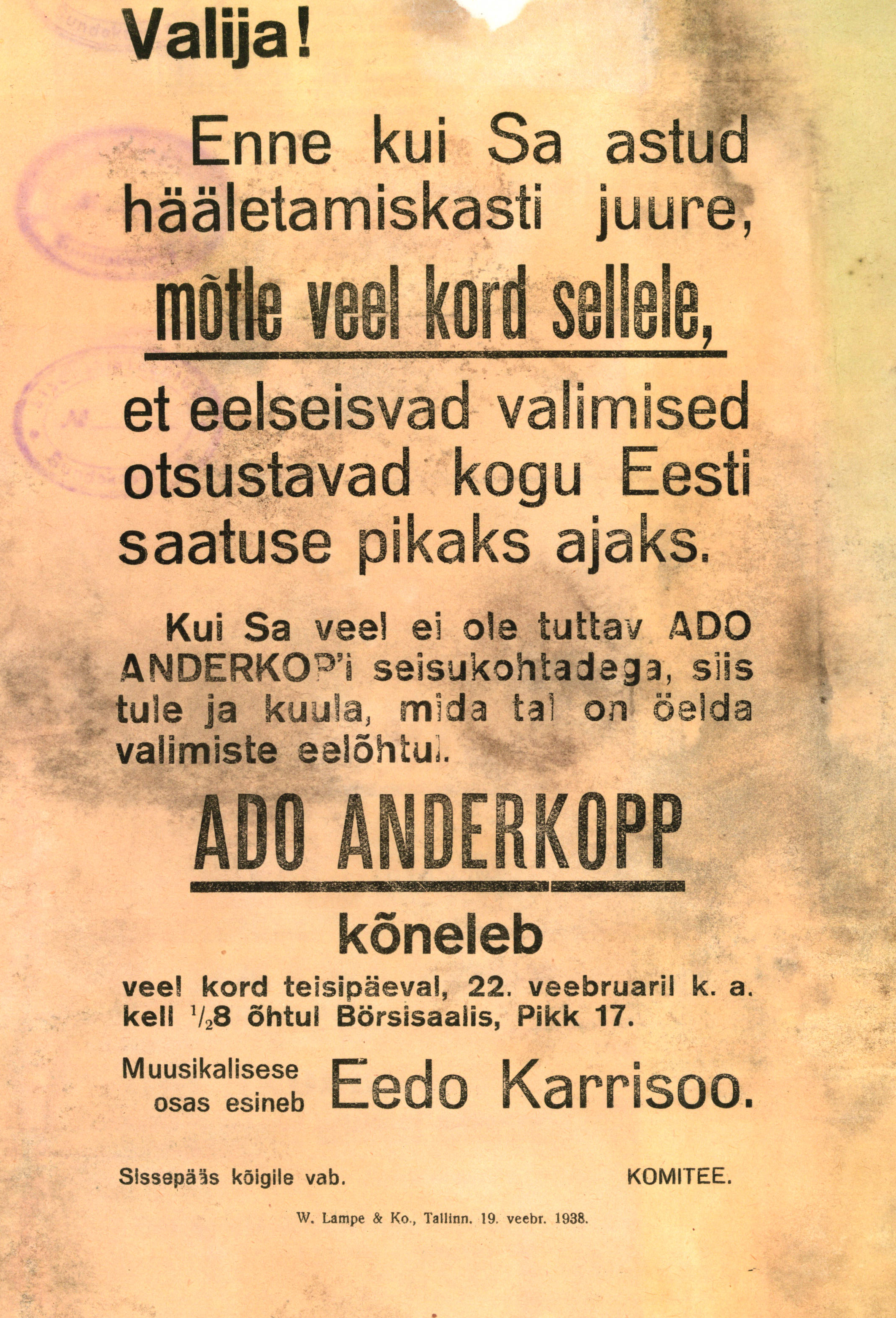 Valmisplakat 1938. aasta Riigikogu valimisteks. ERA.1962.1.66