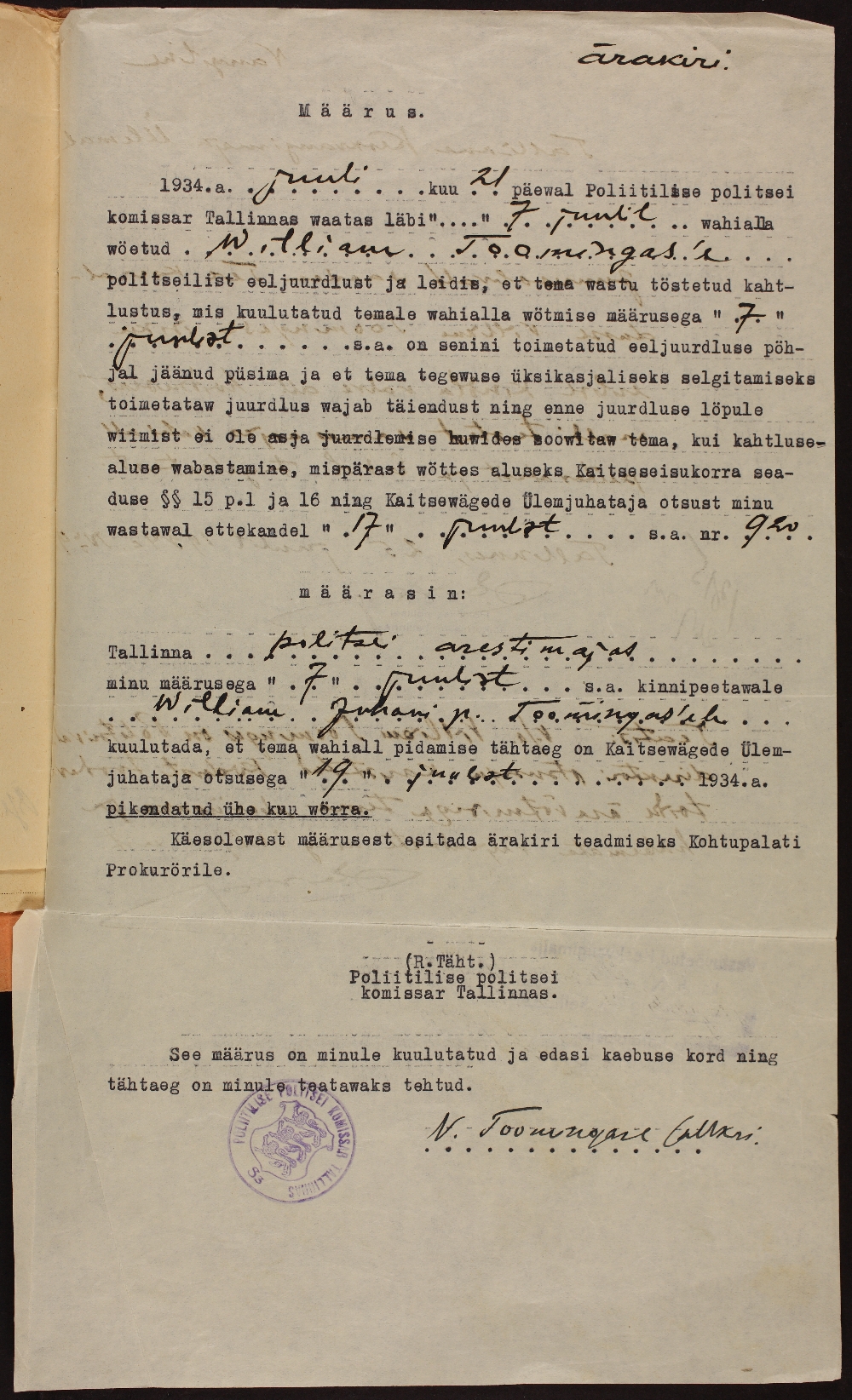 Määrus Tominga vahi all hoidmise pikendamise kohta, 1934. ERA.1868.1.1661. era1868_001_0001661_00001_t