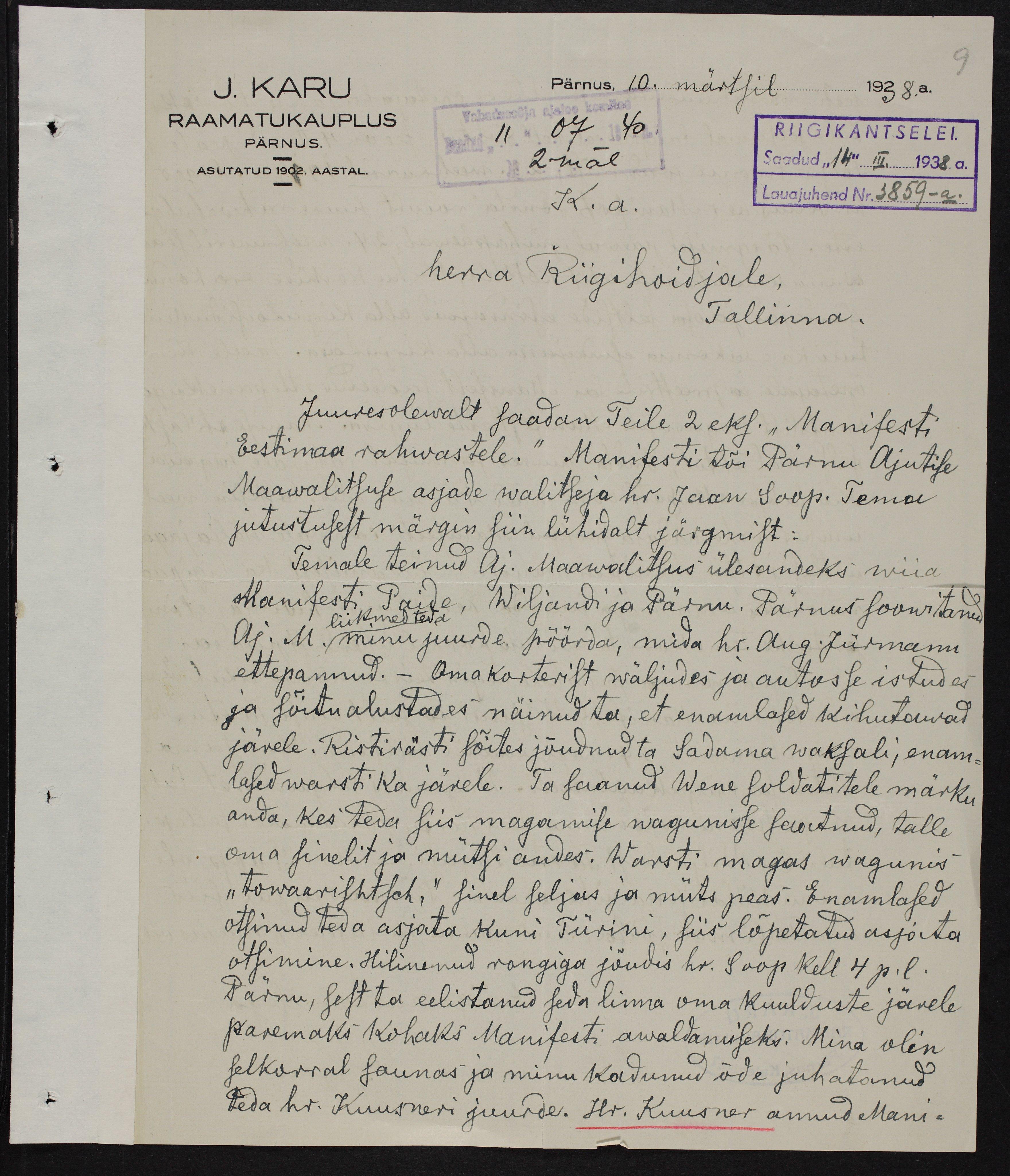 J.Karu kaaskiri Manifesti Eestimaa rahvastele saatmisest Hr. Riigihoidjale Tallinnas, 10. märtsil 1938. ERA.2124.3.520.