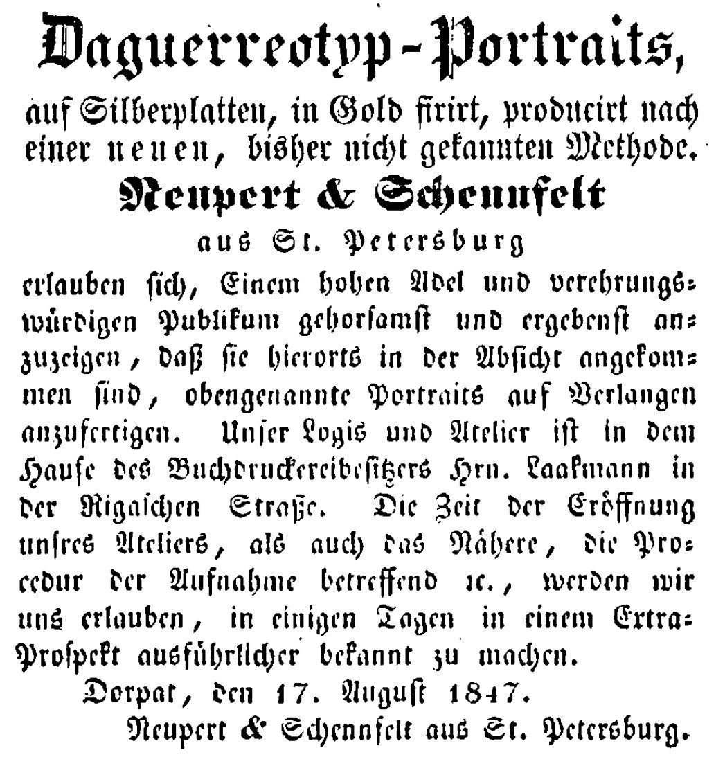 Fotograafide Neupert&Schönfeld kuulutus, Dörptsche Zeitung, 19.08.1847. Foto02_DZ 19.08.1847 - Neupert &amp; Schennfelt