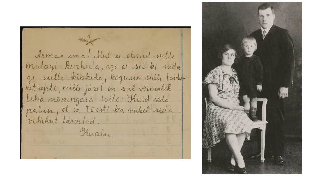 Kaalu Kirme emale kingituseks koostatud retseptivihiku esileht (ERA.5068.1.37). Paremal: Kaalu koos oma vanemate Hilda ja Gustav Kriseliga (Kirme) 1931. aastal. Foto: Kaalu Kirme vanematega, „Emmaste konstaabli Koit Kirme okkaline elukäik“, Kärdla 2017