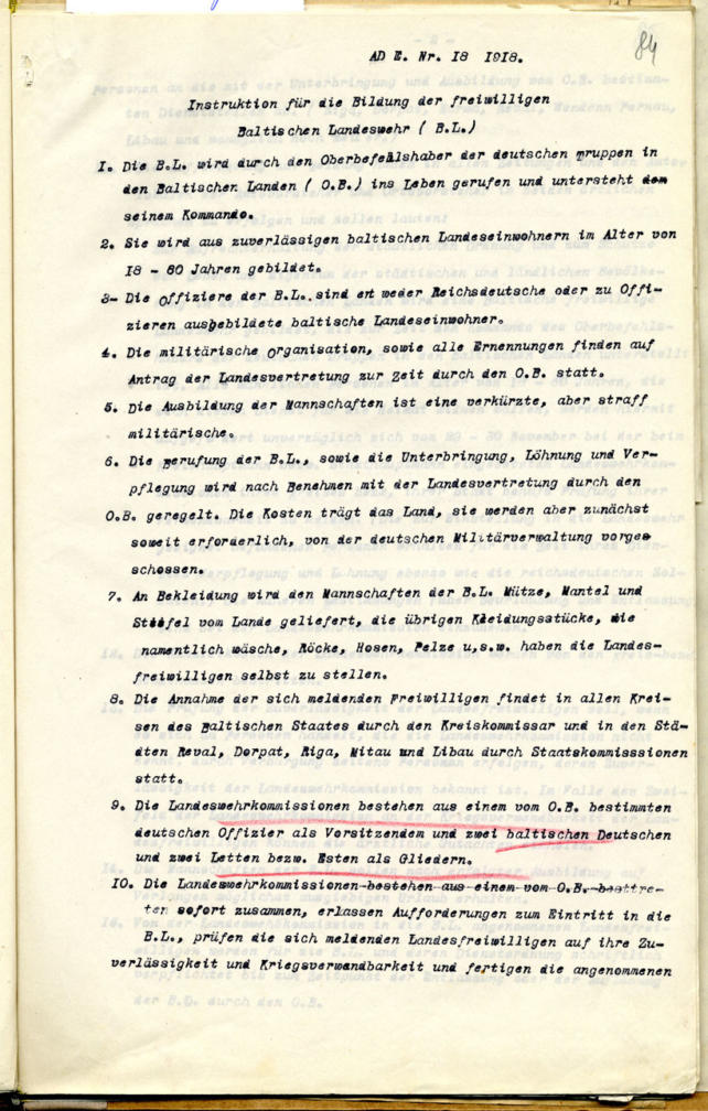 Liivimaa, Eestimaa, Riia ja Saaremaa ühendatud maanõukogu 8. novembri 1918 otsus Landeswehri kokkukutsumise kohta koos sellekohase instruktsiooniga. Läti Rahvusarhiiv. LVVA 4038.2.490, l. 69