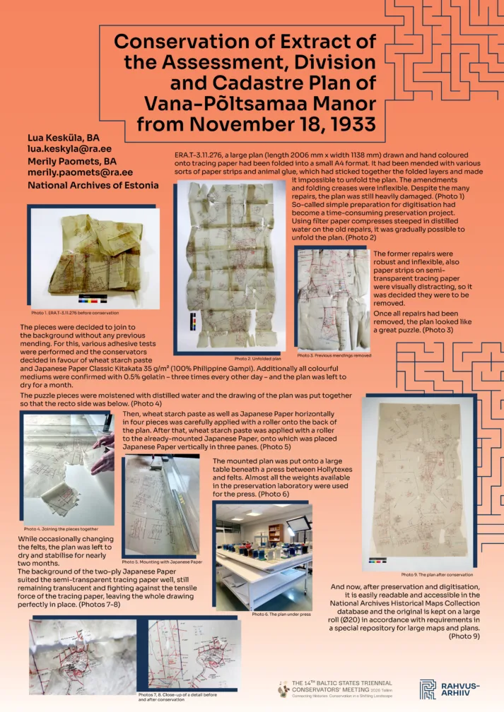 Poster plaani „Väljavõte Vana-Põltsamaa mõisa hindamise, tükeldamise ja katastri plaanist“ konserveerimisest